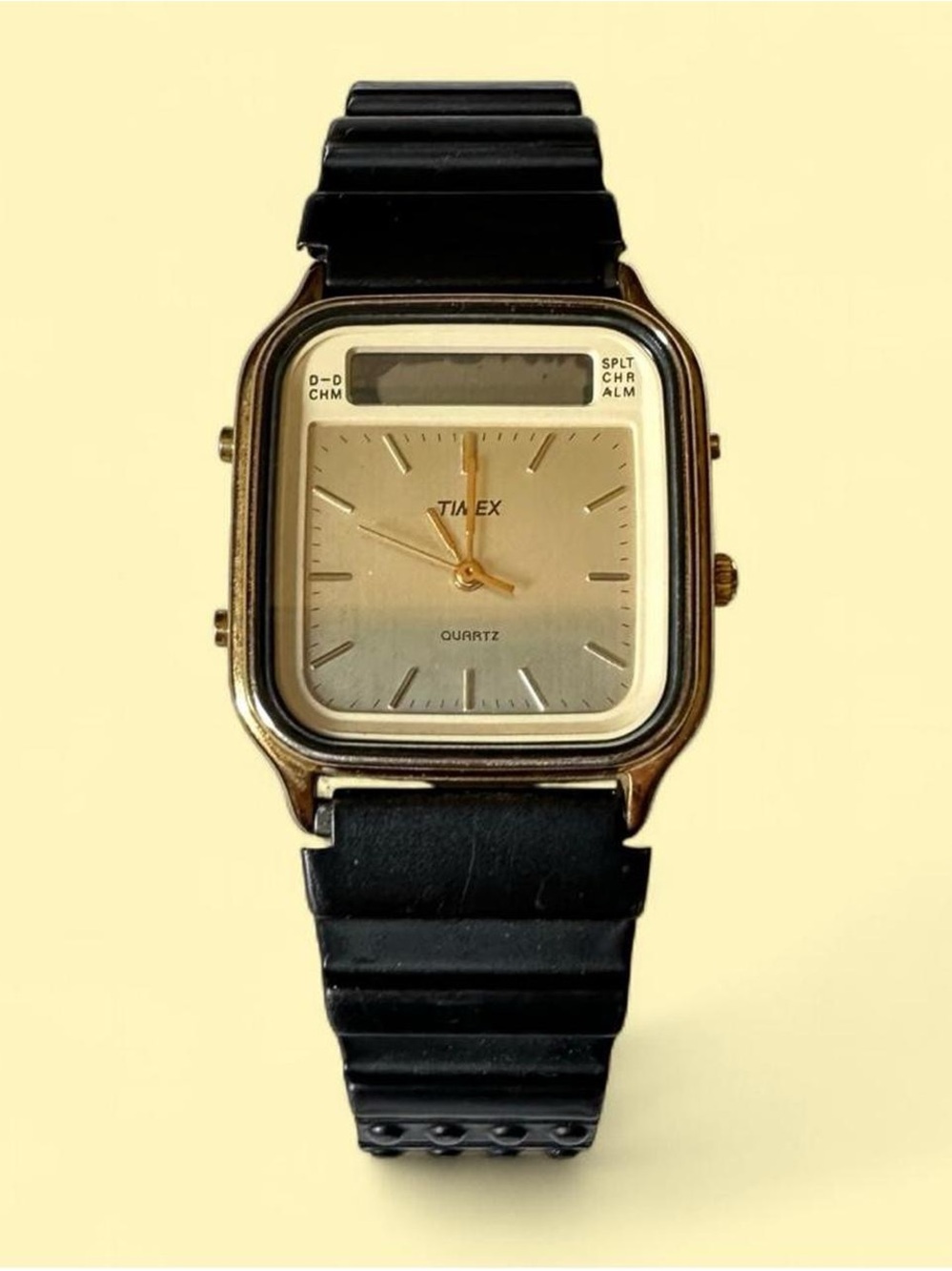 Vintage Timex Gold-Tone Analog-Digital Quartz Watch in Black